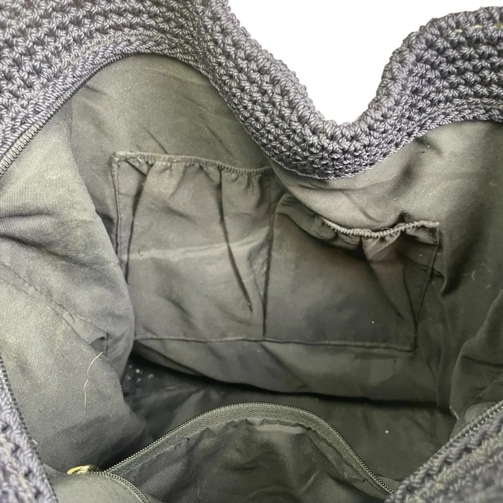 The Sak Cambria Crocheted Large Double Strap Zip‎ Top Tote Navy Woven Ribbon EUC